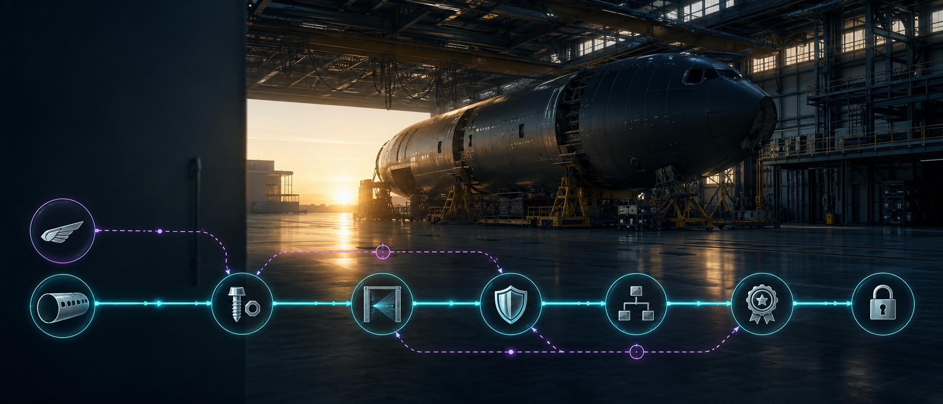 Aerospace and defense build sequence: parts route through inspection and certification gates to a locked plan-of-record, with proposed alternatives branching off.