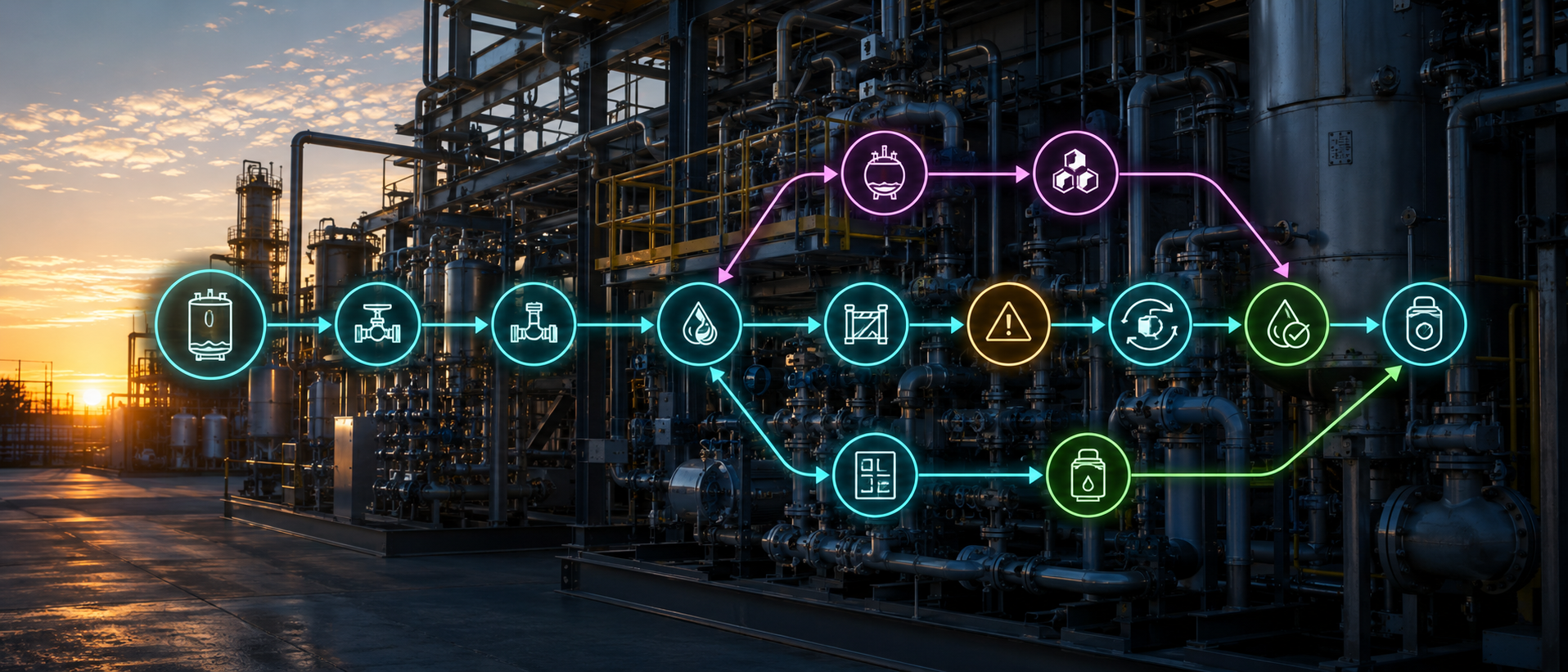 Chemical process batch: a recipe routes through hazard segregation and changeover validation to a sealed recipe-of-record.