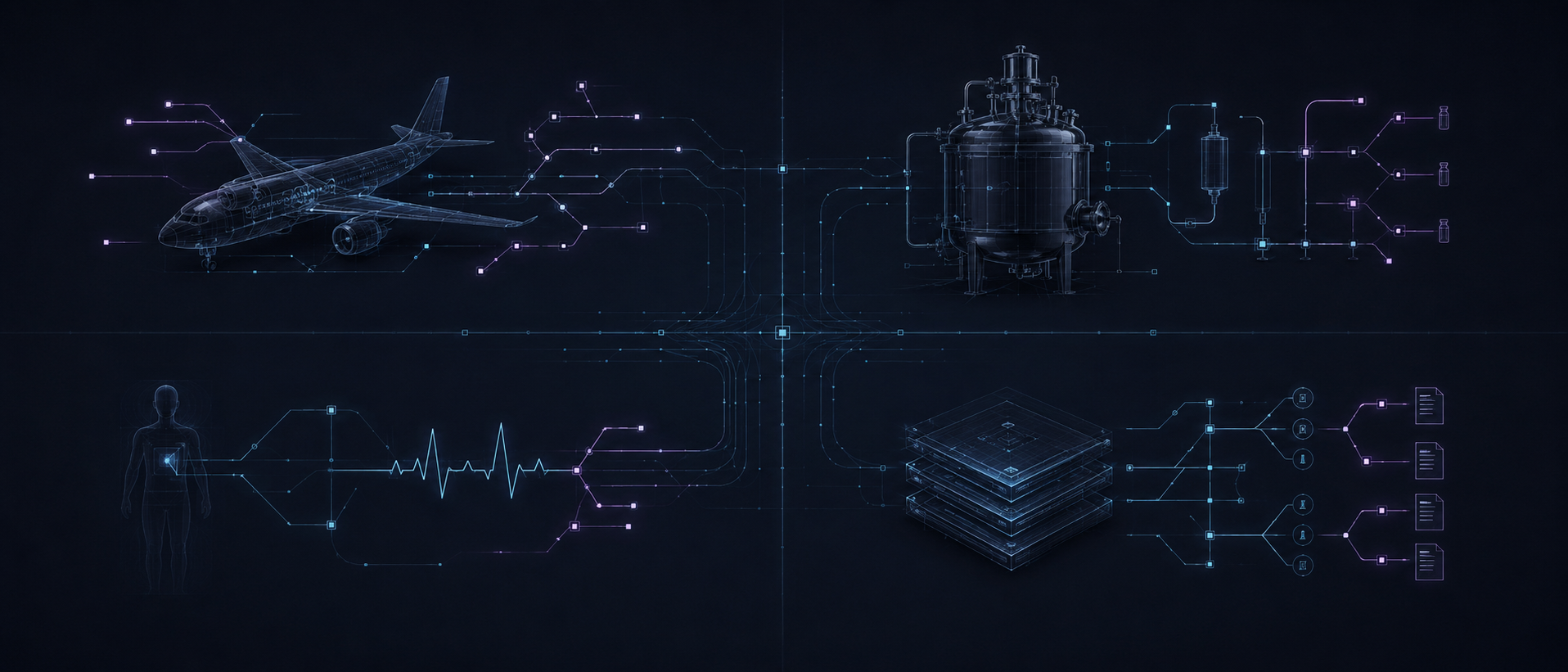 A four-quadrant schematic on a dark field — an aircraft, a process reactor feeding vials, a human body with an EKG trace, and a layered data stack feeding records — each resolving through teal and violet circuitry toward a central node: one deterministic control layer across regulated industries.