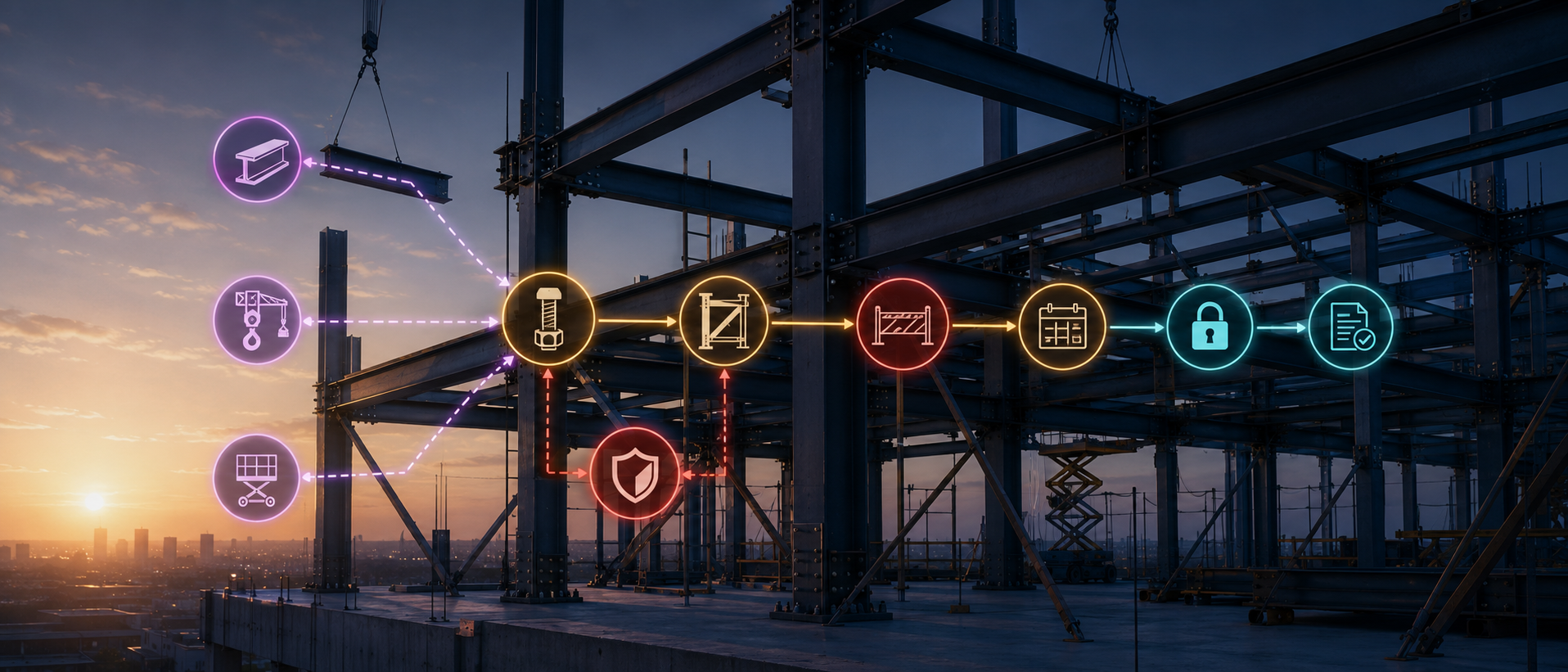 Construction sequence: activities route through permit and inspection hold points to a locked, audited plan-of-record.