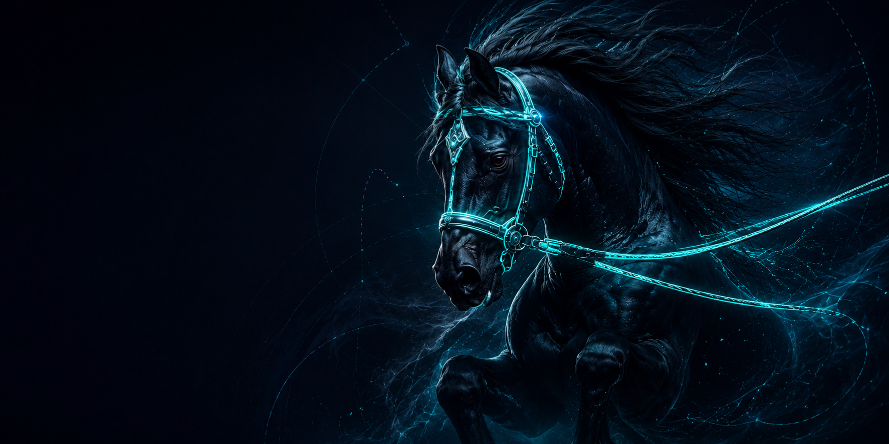 A powerful black stallion mid-stride, reined and bridled in glowing teal light — generative horsepower held under deterministic control.