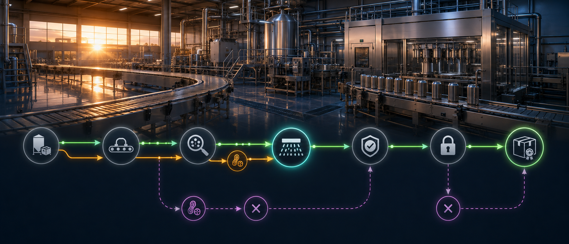 Food and beverage line: product routes through allergen inspection and a wash step, with contaminated paths rejected, ending at a certified batch.