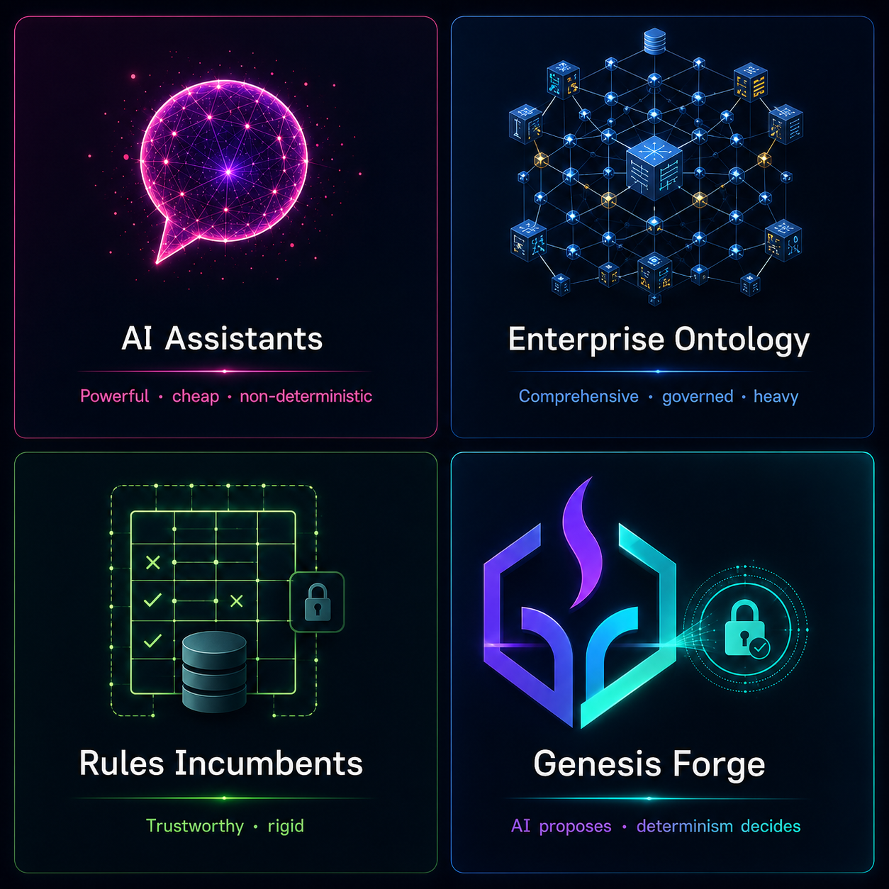The four families of tool for putting AI inside a high-stakes operation, shown as four labelled cards. AI assistants - powerful, cheap, non-deterministic. Enterprise ontology - comprehensive, governed, heavy. Rules incumbents - trustworthy but rigid. Genesis Forge - AI proposes, determinism decides.