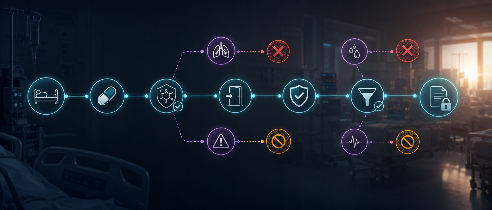 Clinical care pathway: a patient plan passes interaction and contraindication checks, with unsafe branches blocked, ending at a locked record.