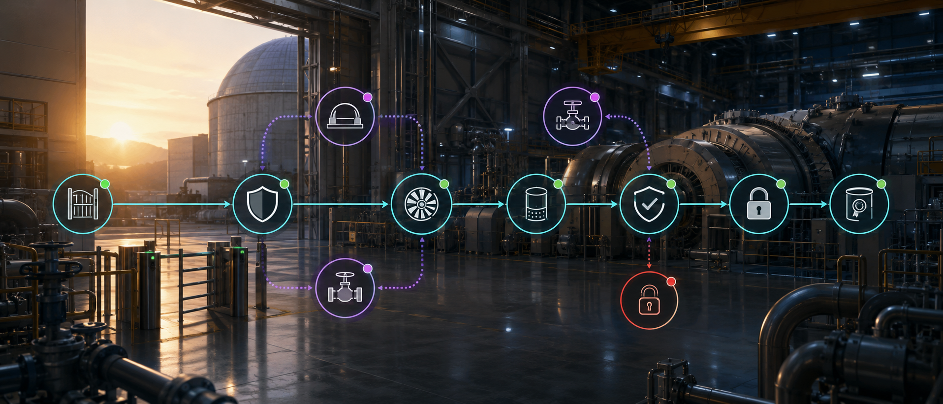 Energy and utilities work sequence: a procedure routes through clearance and interlock checks to a locked configuration of record.