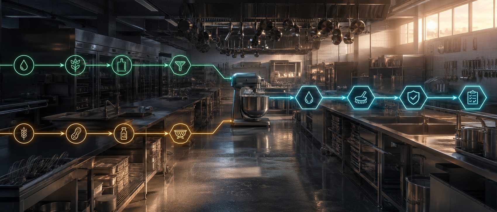 Institutional kitchen with three illuminated constraint flows — safe inputs, allergen and texture checks, and a validated output path — converging on the line.