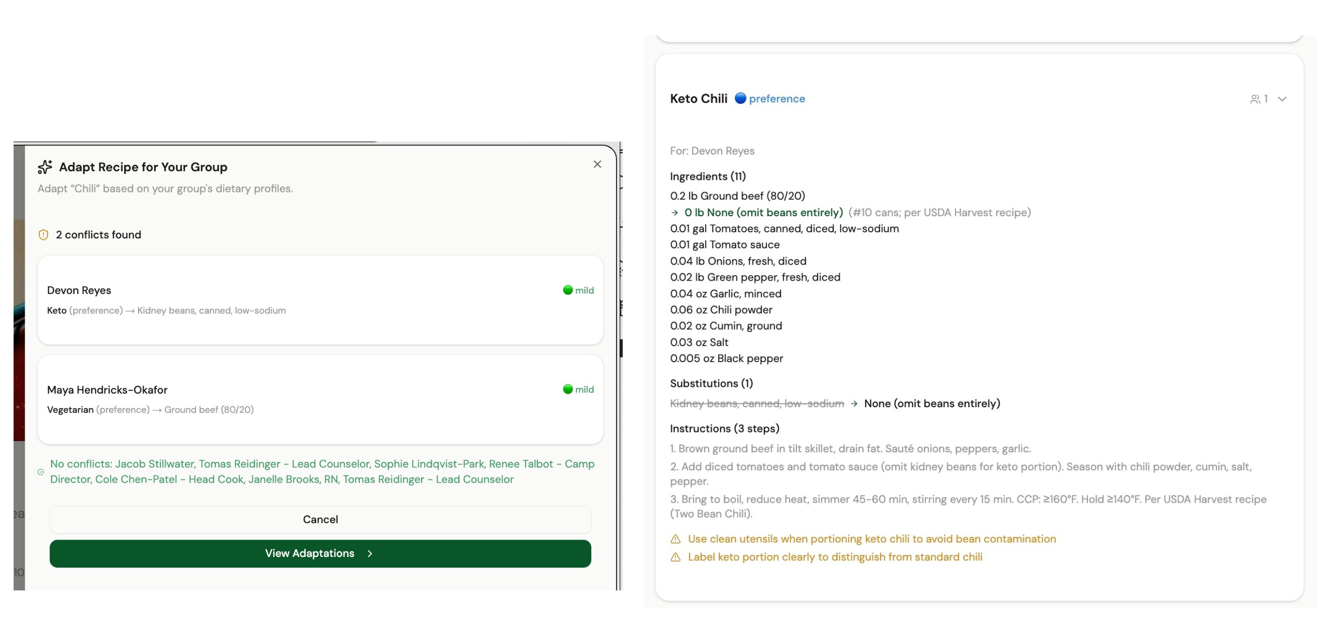 Recipe adaptation detecting group dietary conflicts and generating a compliant keto variant with ingredient substitutions and safety notes.