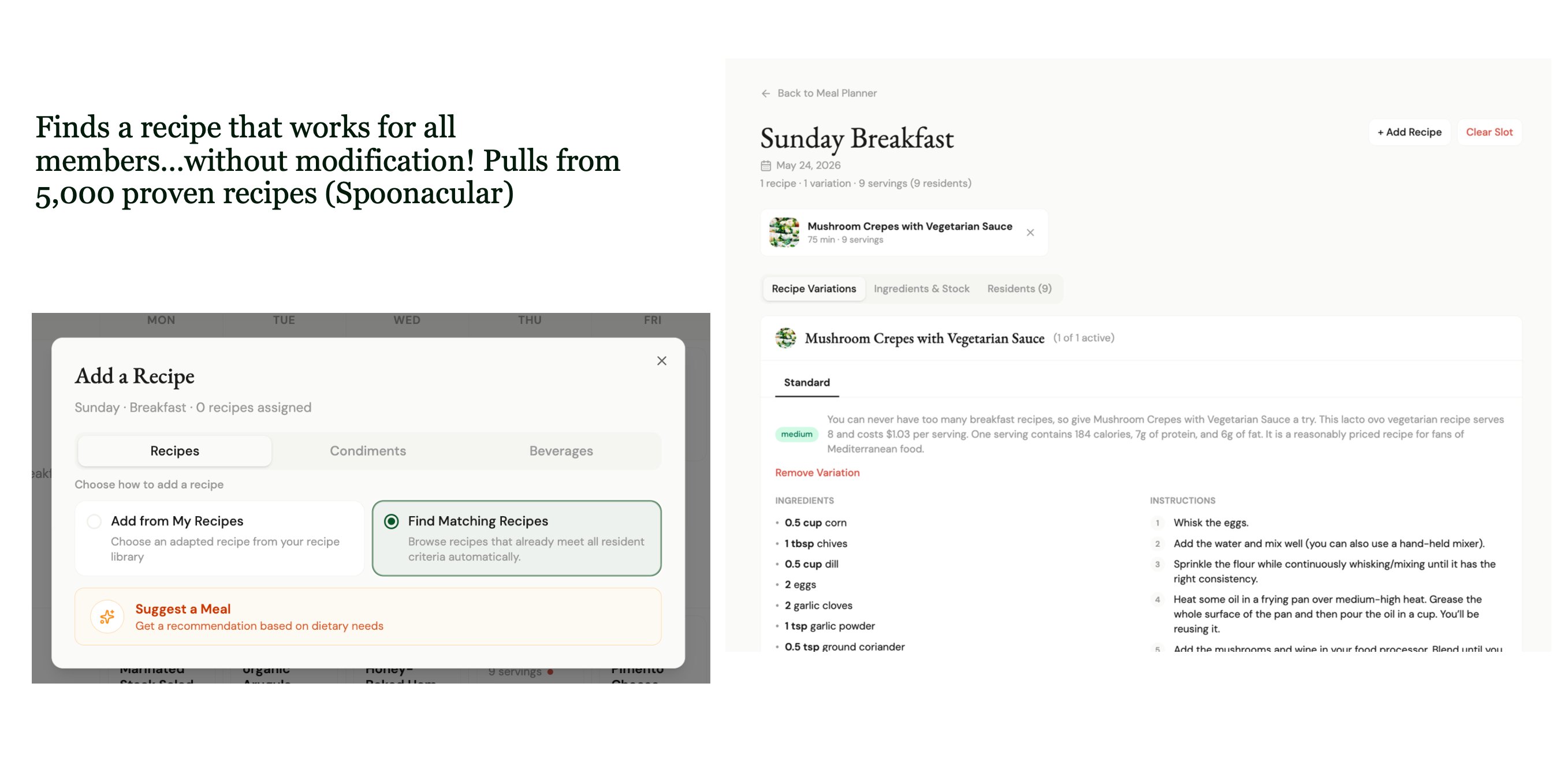 Meal-planner match that finds a recipe already satisfying every group member's dietary profile, shown with full ingredients and instructions.