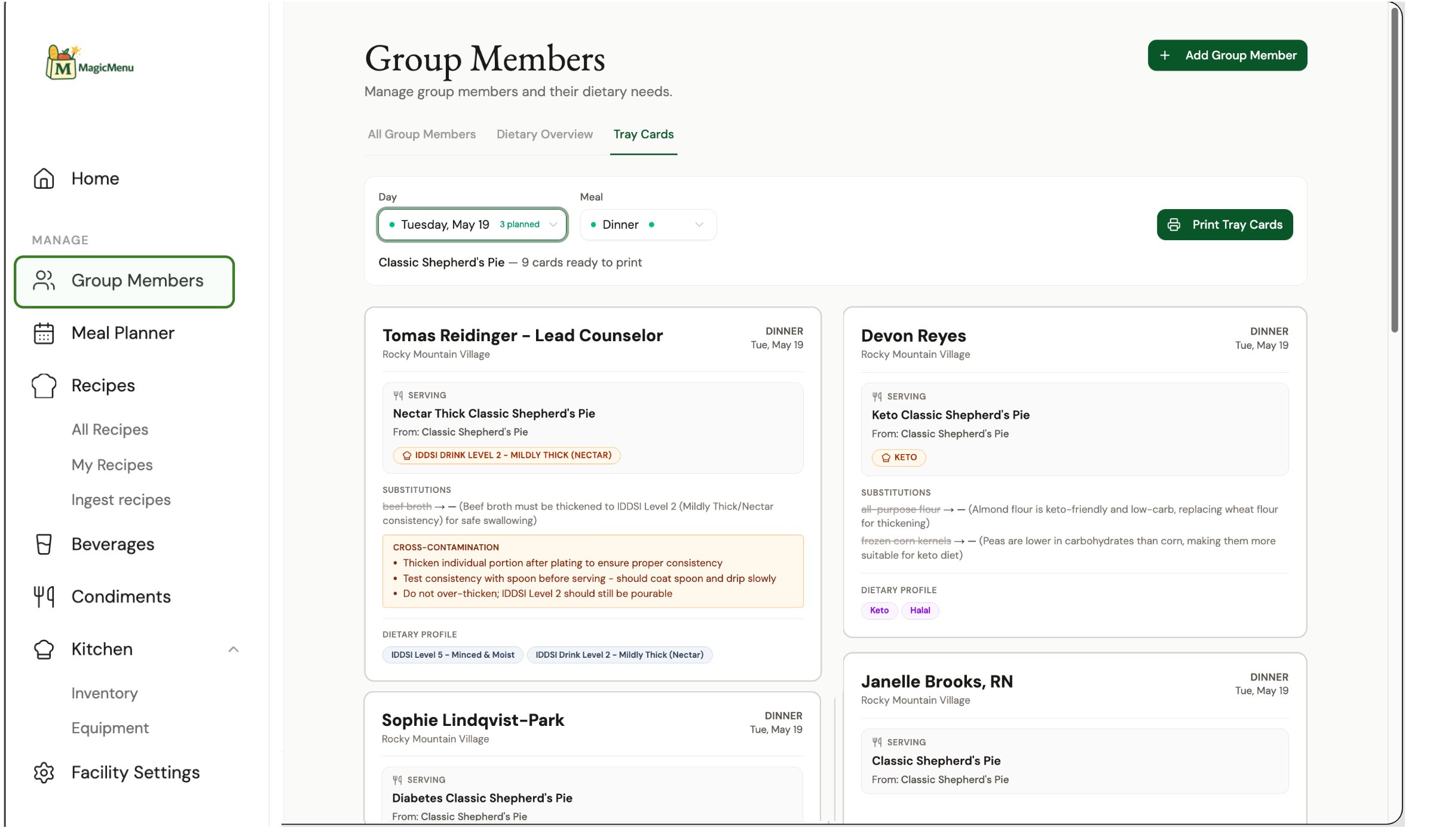 Group Members tray-card view: per-person serving, ingredient substitutions, cross-contamination steps, and dietary profile for a planned dinner.
