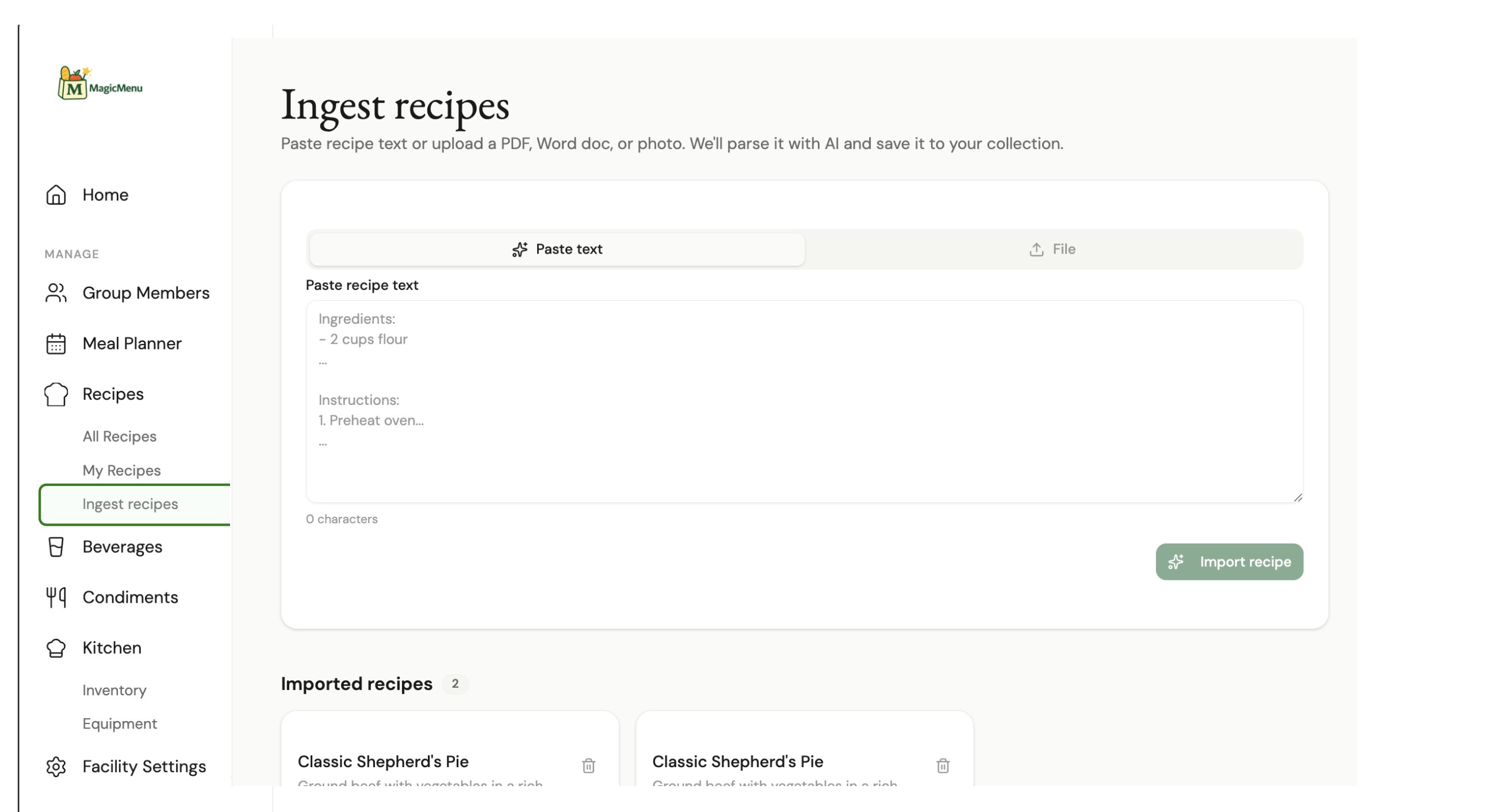 Recipe ingestion screen: paste recipe text or upload a PDF, Word doc, or photo and have it parsed with AI into the collection.