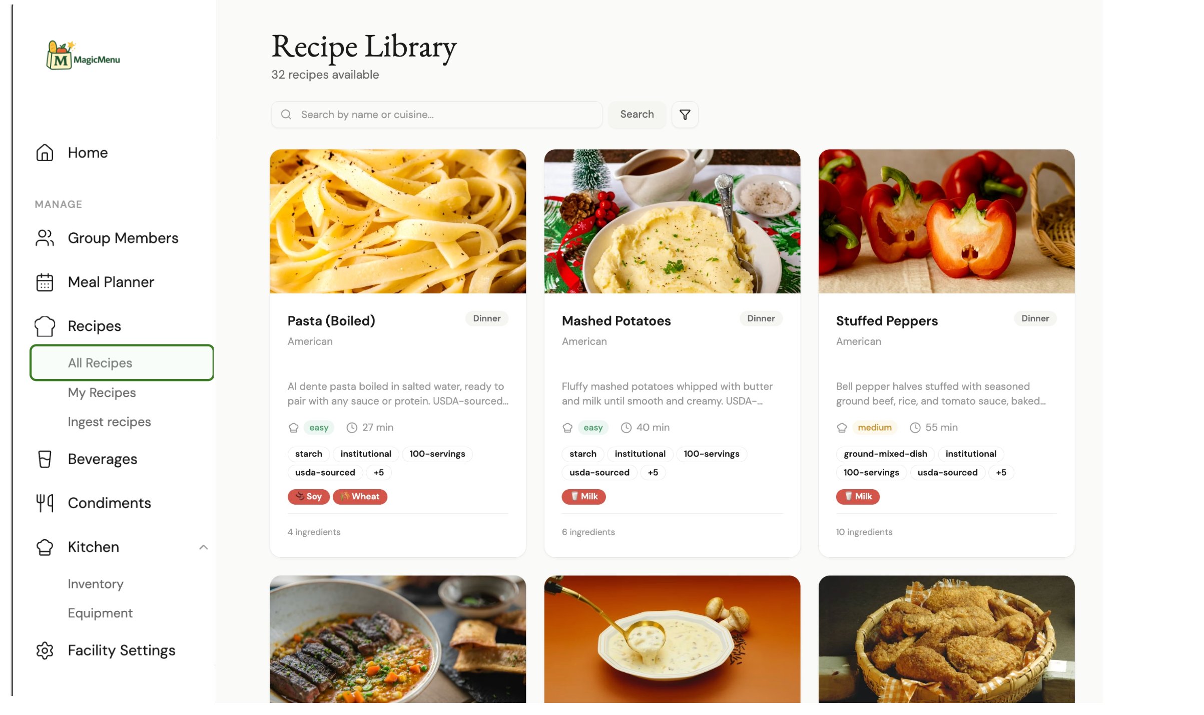 Recipe library of institutional recipes showing cuisine, difficulty, batch tags, USDA sourcing, allergen flags, and ingredient counts.