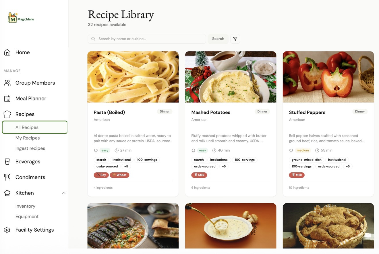 MagicMenu Recipe Library: 32 recipes with cuisine, difficulty, prep time, institutional and USDA-sourced tags, 100-serving scaling, and allergen flags such as Soy, Wheat, and Milk.
