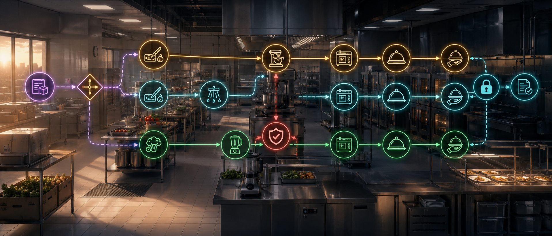 An institutional kitchen rendered as a control system: parallel dietary-variant production lines drawn as glowing nodes and arrows that converge on a central safety check and a lock before validated meals are served.