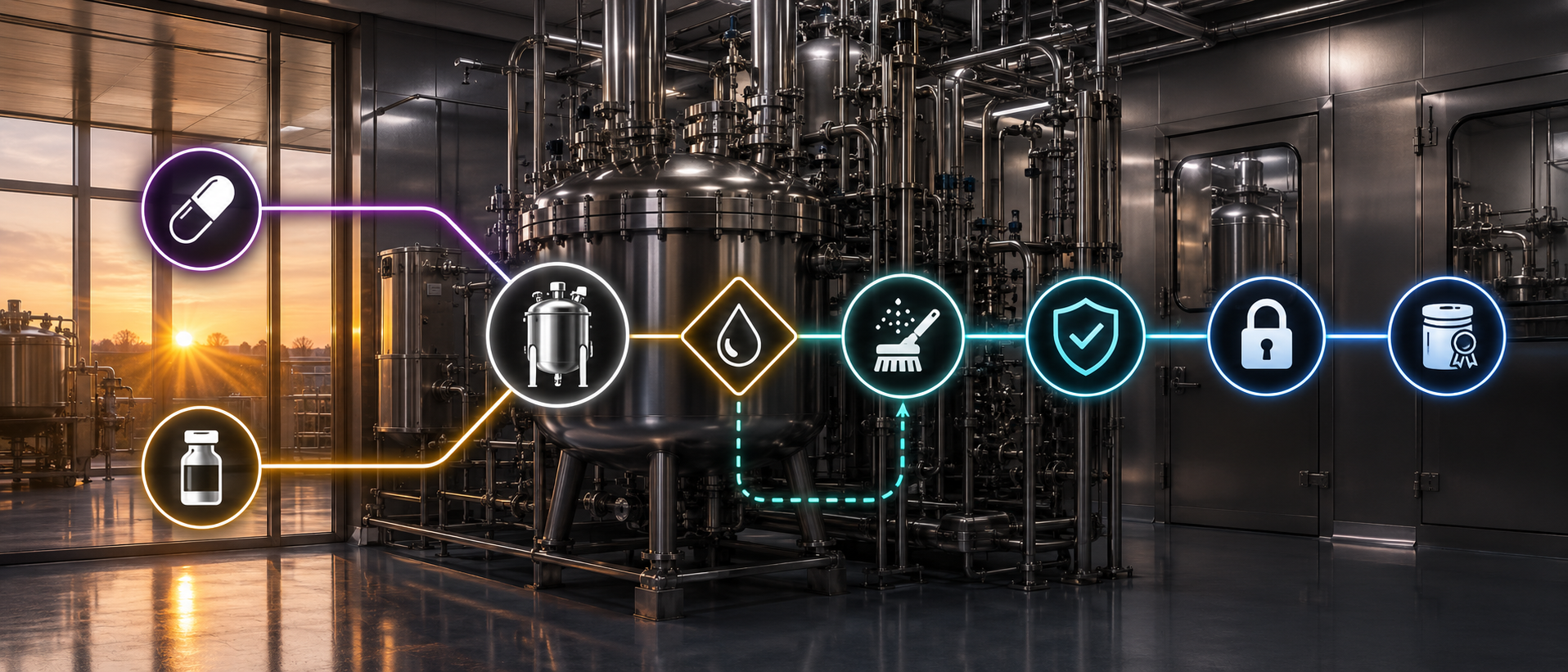 Pharma and biotech batch flow: inputs route through a reactor and a validated cleaning step into a locked, audit-ready batch record.