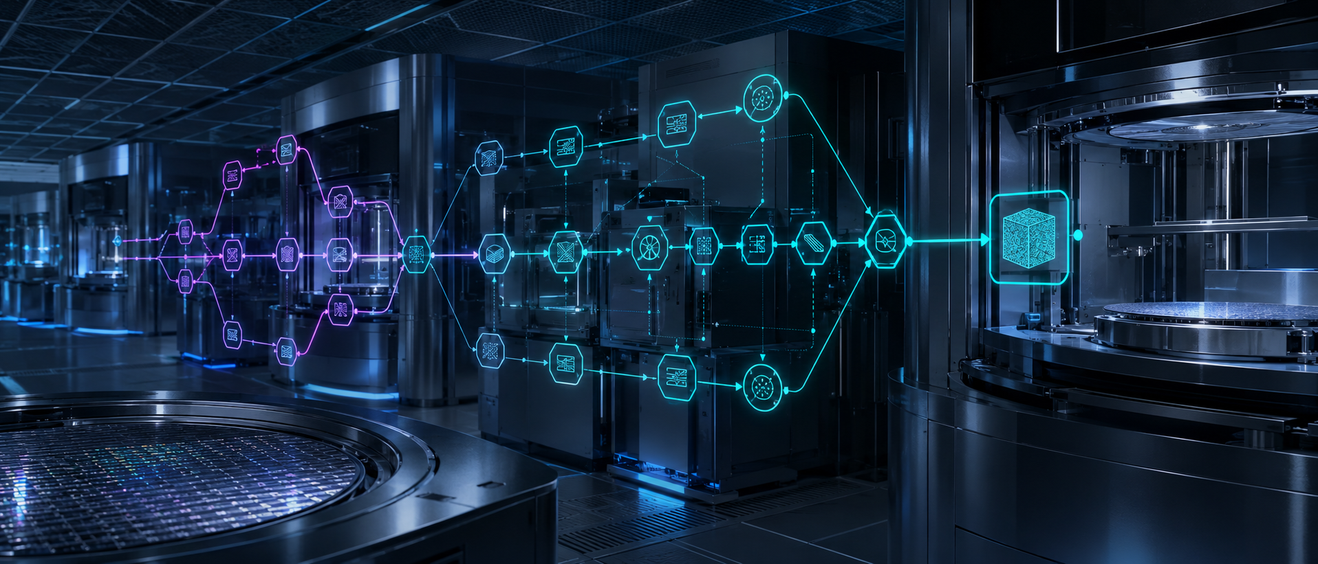 Semiconductor process flow: many proposed routes resolve into one qualified, contamination-checked path ending at a sealed lot.